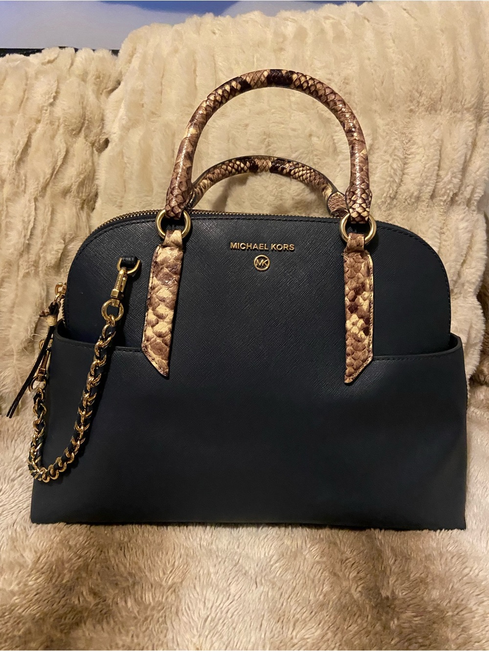 Michael Kors Navy Dome Satchel with Brown Snake-Print Handles